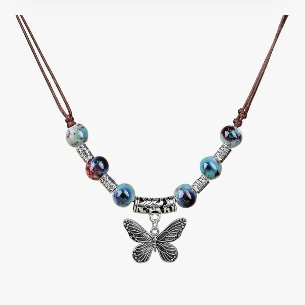 Butterfly Pendant Necklace with Multicolor Beads